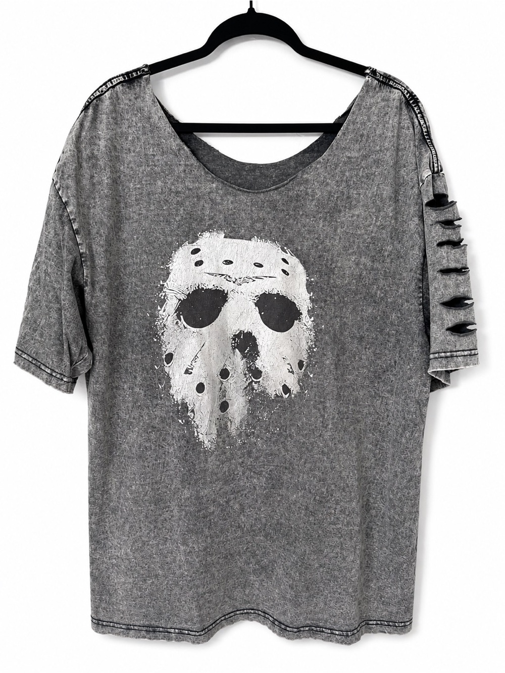 Friday the 13th Jason Voorhees Mask Distressed Acid Wash Shredded Tee Oversized